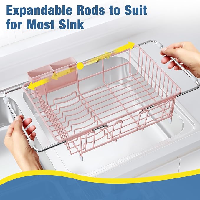 JASIWAY Pink Dish Drying Rack in Sink, Expandable Stainless Steel Dish Drainers for Kitchen Counter, Dish Dryer Rack for Inside Sink, Over The Sink Dish Racks with Utensil Holder