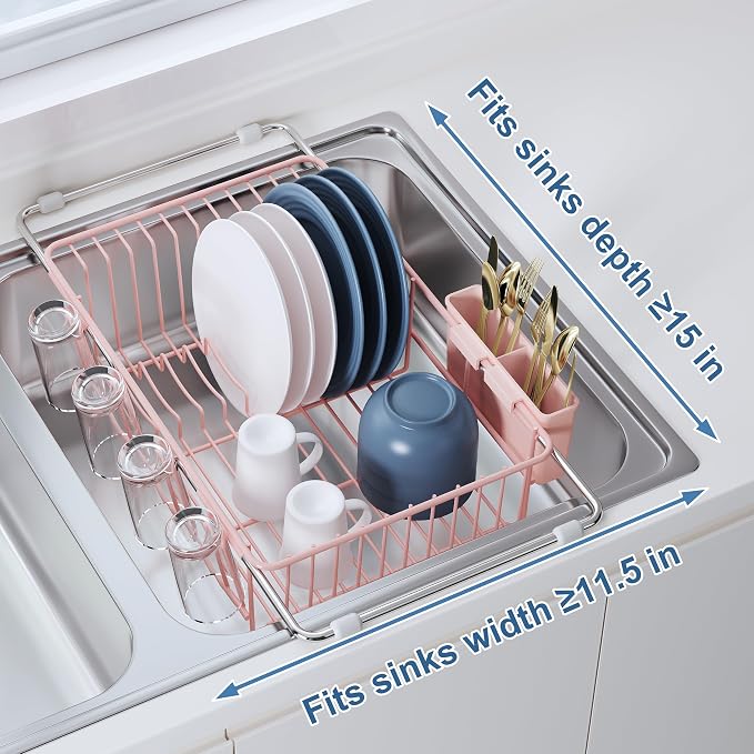 JASIWAY Pink Dish Drying Rack in Sink, Expandable Stainless Steel Dish Drainers for Kitchen Counter, Dish Dryer Rack for Inside Sink, Over The Sink Dish Racks with Utensil Holder