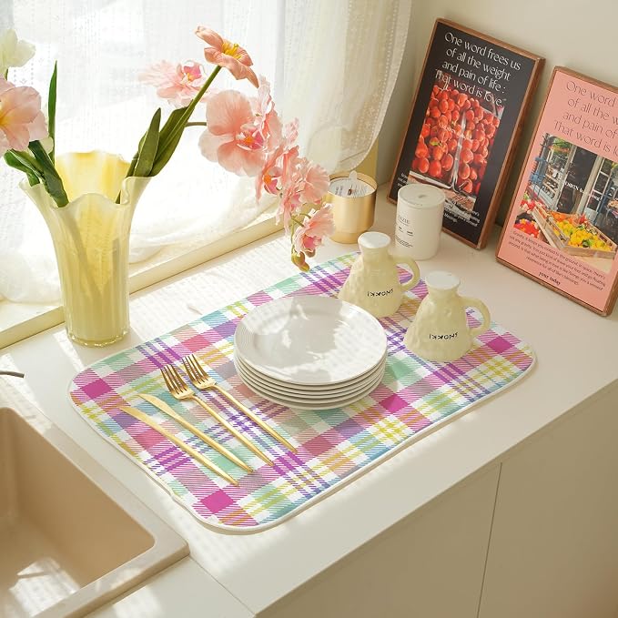 Easter Checkered Dish Drying Mat 18x24 Inch Colorful Buffalo Plaid Drying Mat Gingham Spring Holiday Absorbent Dish Drying Pad Dish Rack Drainer Mats for Kitchen Dining Counter