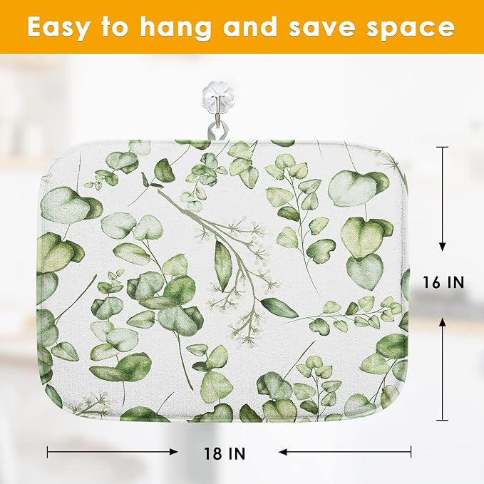 Sanwarm Absorbent Dish Drying Mat, Vintage Summer Eucalyptus Leaves Flower Microfiber Pad for Kitchen Counter, Coffee Bar Decor, Heat Resistant and Reversible, 16" x 18"