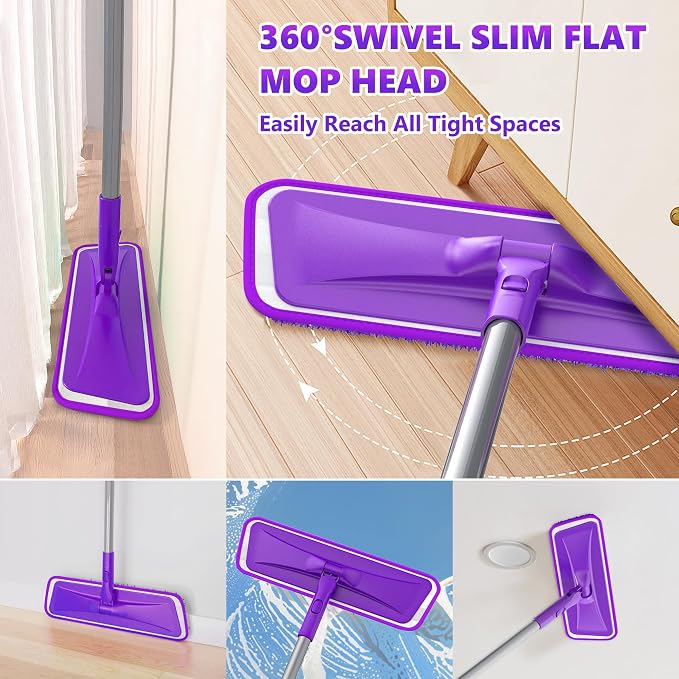 BPAWA Microfiber Mops for Floor Cleaning: Flat Mop for Wood Tile Laminate | 4 Washable Pads fit for Swiffer PowerMop, 59" Adjustable Handle, Dry & Wet Mopping Home Kitchen Hardwood Vinyl Multi-surfaces