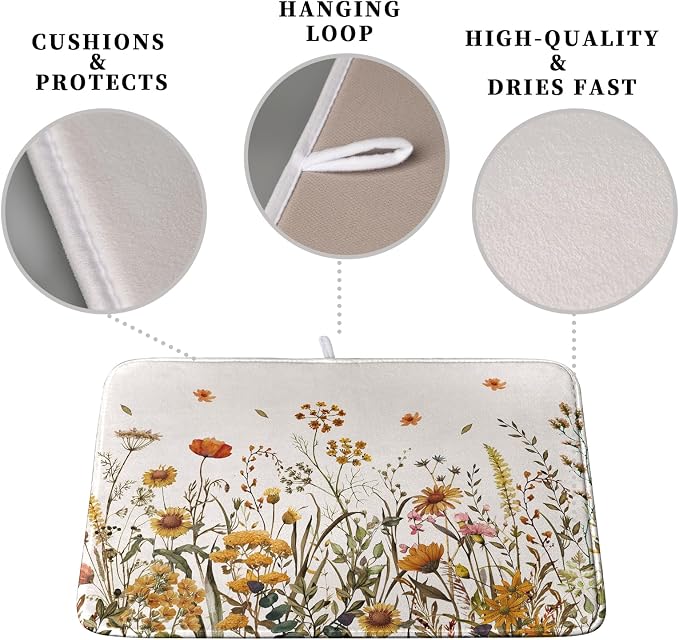 Fall Floral Dish Drying Mat for Kitchen Counter Autumn Burnt Orange Wild Flowers Dish Draining Mat Absorbent Microfiber Dishes Pad Washable Dish Drainer Rack Mat Medium 16"x18"