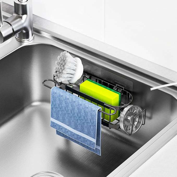 Cisily Kitchen Sink Caddy Sponge Holder in The Sink, Stainless Steel Kitchen Sink Organizer, Brush Holder, Dish Cloth Hanger, Sink Stopper Holder (Hanging-Black)