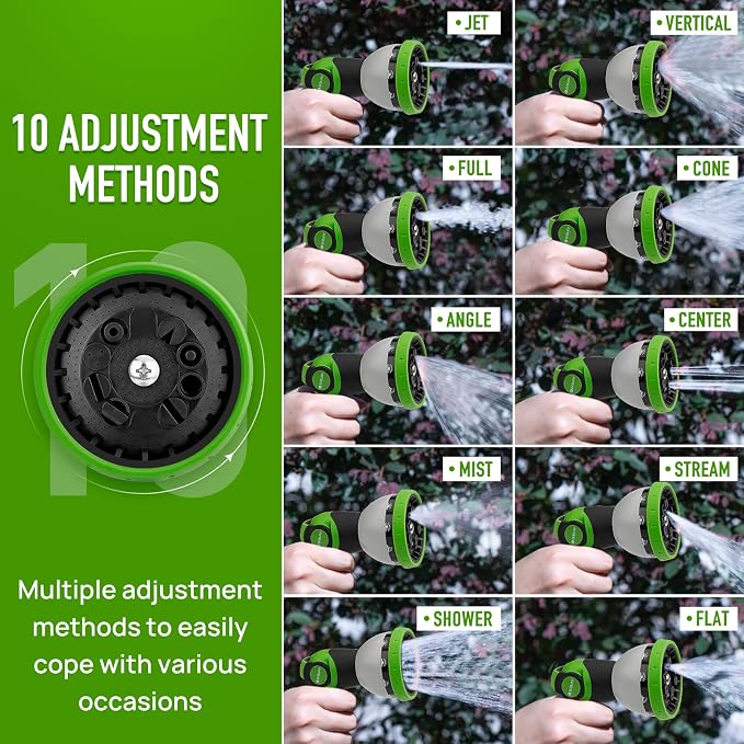 BIBURY Water Hose Nozzle Sprayer, Hand Sprayer with 10 Watering Patterns and On Off Valve Thumb Control, High Pressure Garden Hose Spray Nozzle for Watering Plants, Car Wash and Showering Pets (Green)