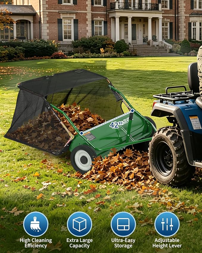 Garvee Tow Behind Lawn Sweeper 42 Inch, Heavy Duty Leaf & Grass Collector | Yard Sweeper Pull Behind,14 cu.ft. Leaf Collector,Tool-Free Adjustable Brush Height,Dumping Rope for Yard,Driveway,Sidewalk