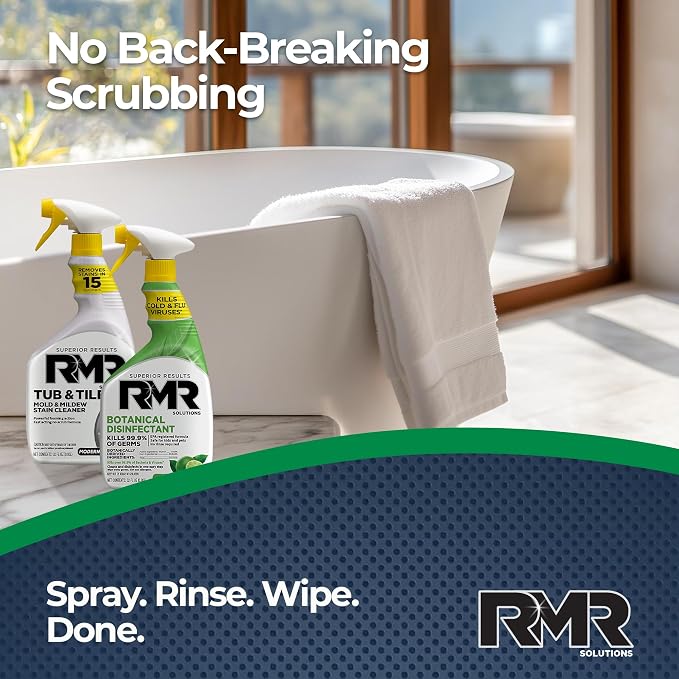 RMR Germ & Grime Guard Bundle – Tub & Tile Mold & Mildew Stain Remover + Botanical Disinfectant Cleaner, 2-Step Bathroom & Home Cleaning for Tile, Grout, Shower, Counters & More, 2–32 Oz Bottles