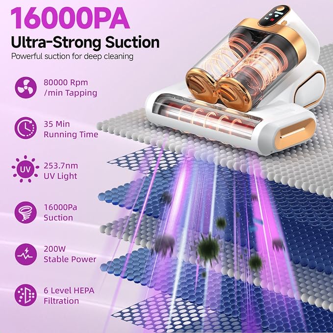 Mattress Vacuum Cleaner - 16Kpa Bed Vacuum with 253.7nm UV-C Light, 140°F Heat, Ultrasonic Tech & Hepa Filter, Portable Handheld Couch Cleaners for Pet Carpet Sofa Hair Home (White/G-Cordless)