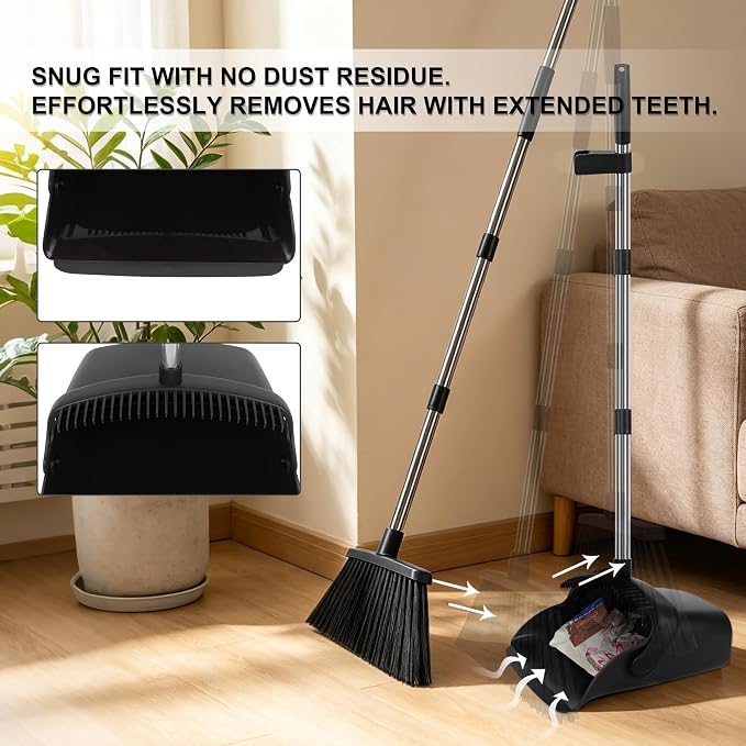 Broom and Dustpan Set 2 Pack, Upright Stand Up Broom and Dustpan Combo with Long Handles, Self-Cleaning Dustpan Teeth, Indoor Outdoor Sweeping Set for Home, Kitchen, Garage Pet Areas Black