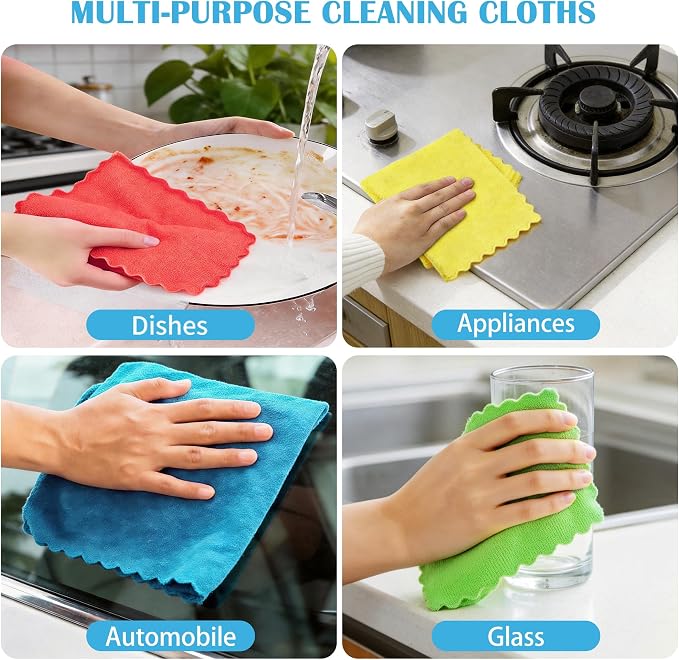 Puomue Microfiber Cleaning Cloth, 24 Pack Highly Absorbent Cleaning Rags, 4 Color Mix, Reusable, Soft and Lint Free Cleaning Supplies for Window, Household and Kitchen, 12 Inch X 10.6 Inch