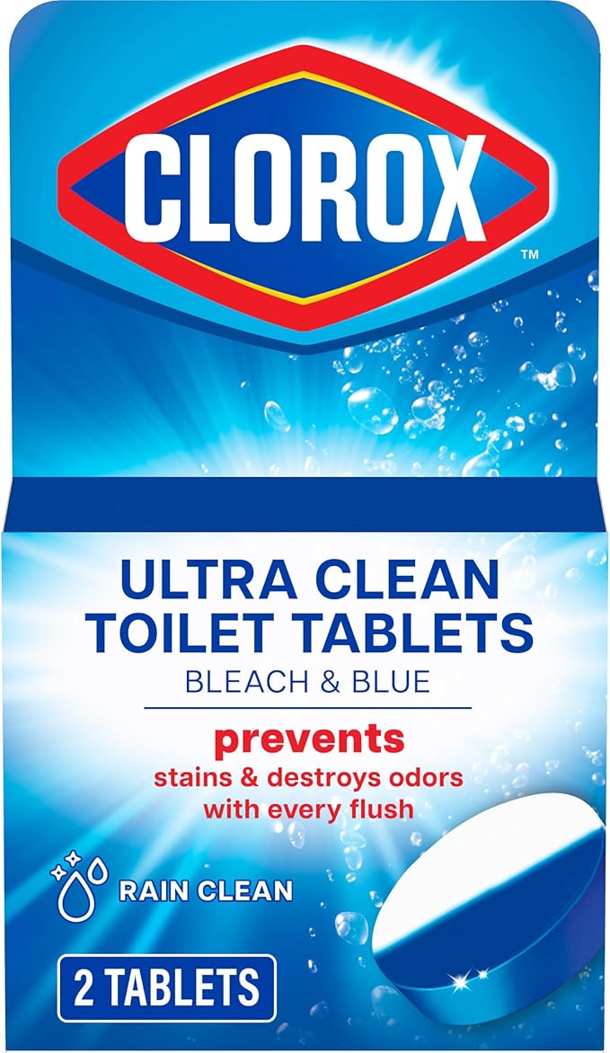 Clorox Ultra Clean Toilet Tablets Bleach & Blue, Rain Clean Scent 2.47 Ounces Each, 2 Count (Package May Vary)