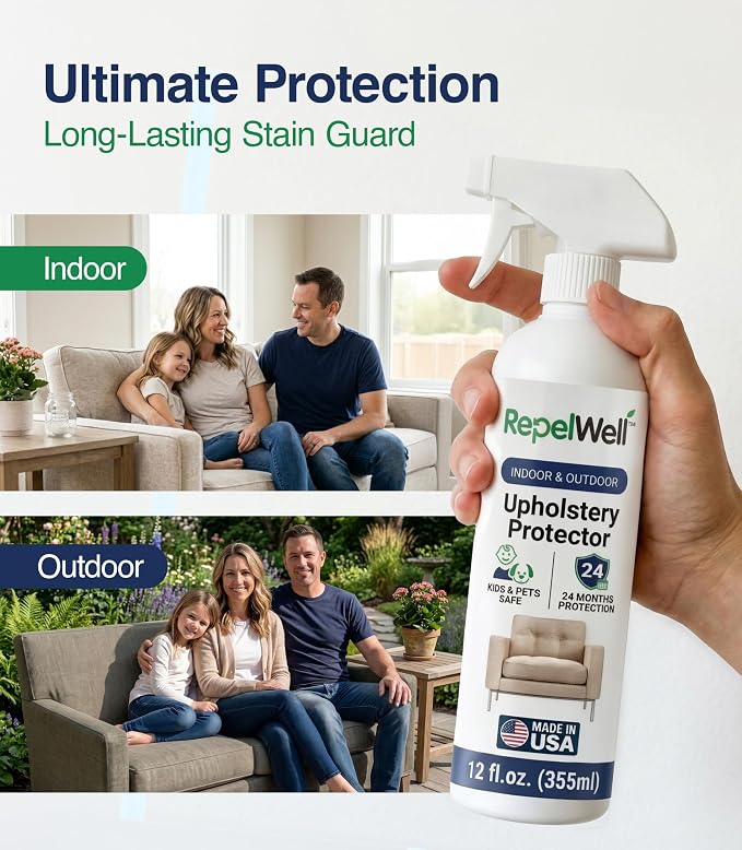 RepelWell Non Toxic Fabric Protector Spray for Upholstery & Furniture,12 oz | Helps repel water, coffee, wine, food, dirt and everyday spills from upholstery.