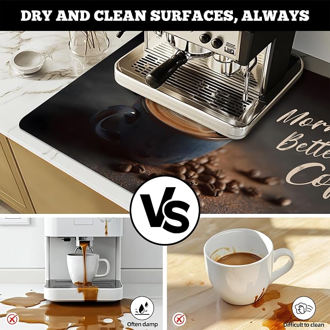 Dish Drying Mat Large Coffee Mat Absorbent Drying Mat for Kitchen Counter Coffee Bar Accessories 32"x 17", Latte Cups 4