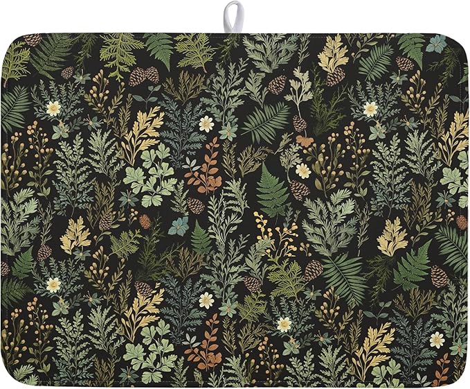 Black Green Botanical Dish Drying Mat for Kitchen Counter 18x24 Inch Super Absorbent Microfiber Kitchen Drying Mat Green Plant Fern Leaves Floral Dish Reusable Washable Dish Drying Pad for Coffee Bar