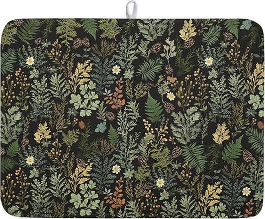 Black Green Botanical Dish Drying Mat for Kitchen Counter 18x24 Inch Super Absorbent Microfiber Kitchen Drying Mat Green Plant Fern Leaves Floral Dish Reusable Washable Dish Drying Pad for Coffee Bar