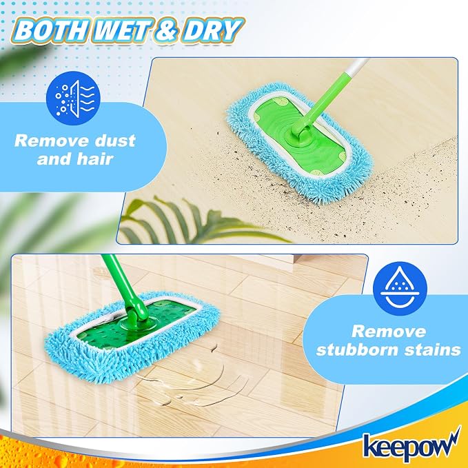 KEEPOW Reusable Mop Pads Compatible with Swiffer Sweeper Mop Microfiber Mops Pads Dry Sweeping Cloths & Wet Mopping Cloths Chenille Washable Wet Pads Refill for Mopping Floors Cleaning 10 PCS