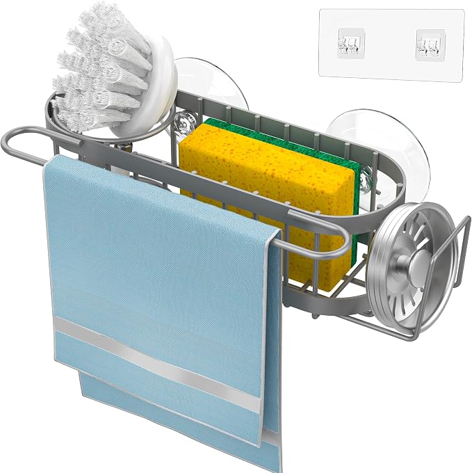 Cisily Kitchen Sink Caddy Sponge Holder in The Sink, Stainless Steel Kitchen Sink Organizer, Brush Holder, Dish Cloth Hanger, Sink Stopper Holder (Suction cup-Grey)