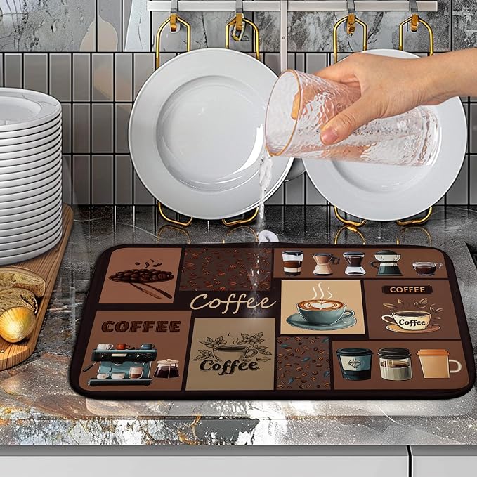 Coffee Theme Dish Drying Mats for Kitchen Counter Absorbent Microfiber Dish Drainer Mats Brown Pattern Coffee Bar Mat for Countertop Washable Dishes Drying Pad 16x18 Inch