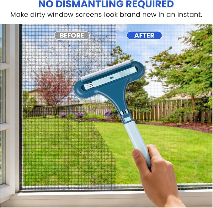 3-in-1 Screen Brush, Squeegee, Pet Hair & Crevice Tool, Cyan Blue | Wipes glass streak-free. Lifts hair from sofas & rugs, rinse & reuse, no refills. Detach for window tracks. Lightweight.