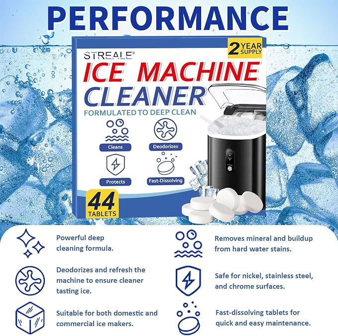Ice Machine Cleaner Maker and Descaler -44 Ice Maker Cleaner Tablets Compatible with All Major Brands, Nickel Safe Descaler Countertop Portable Commercial Icemaker Cleaning Solution