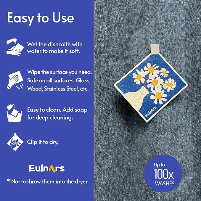 Eulnars Swedish Dishcloths for Kitchen, 8 Pack Reusable Paper Towels with Clips, Non-Scratch Swedish Dish Towels, Super Absorbent Cellulose Sponge Cloths, Assorted