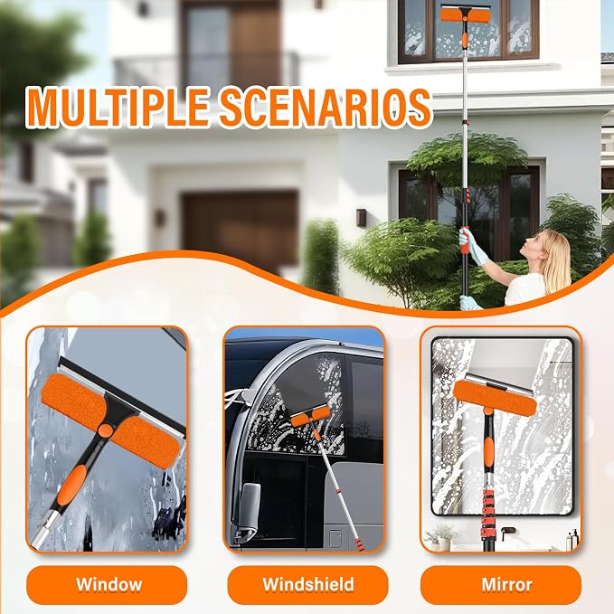 30FT Telescoping Window Squeegee Kit | 2-in-1 Professional Window Washer & Microfiber Scrubber with Extension Pole | High Reach Cleaning Tool for Outdoor, Indoor Windows & Glass