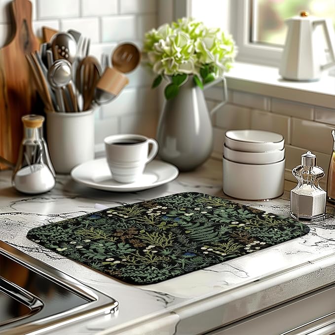 Dish Drying Mat for Kitchen Counter Vintage Green Plant Fern Leaves Floral Drying Mats Absorbent Microfiber Black Dish Drainer Pad Reusable Washable Dish Draining Mats Medium 16x18 Inch