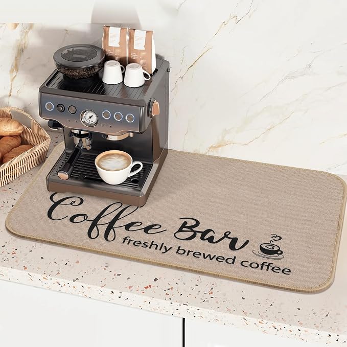 Findosom Dish Drying Mat, 17"x 32" Super Absorbent & Hide Stain Coffee Mat, Cuttable Drying Mat for Kitchen Counter, Coffee Bar Accessories, Under Dish Rack, Coffee Maker, Espresso Machine, Linen