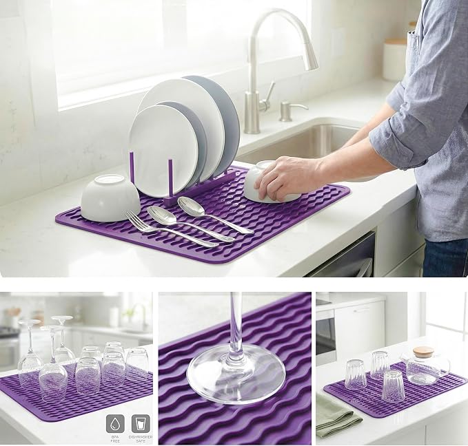 MicoYang Silicone Dish Drying Mat — Quick-Dry Ridges Counter & Sink Pad, Heat-Resistant Trivet to 450°F, Non-Slip & Dishwasher Safe, Roll-Up Storage, 18 Colors & 9 Sizes (Purple, 16"×12")