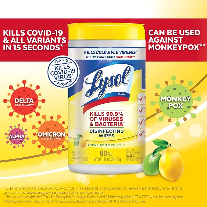 Lysol Disinfectant Wipes, Multi-Surface Antibacterial Cleaning Wipes, For Disinfecting and Cleaning, Lemon and Lime Blossom, 80 Count (Pack of 1)