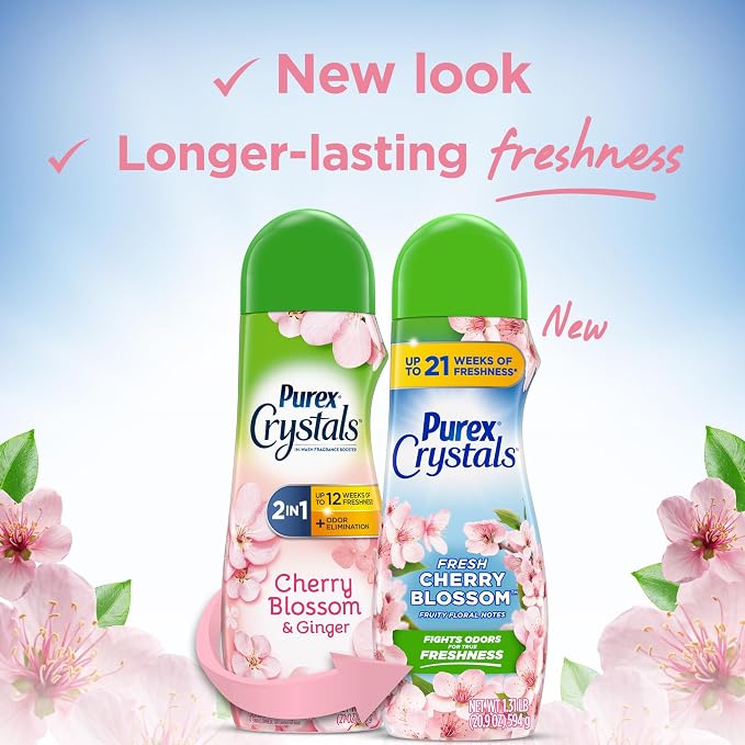Purex Crystals In-Wash Scent Booster, Fresh Cherry Blossom, 21 oz (Pack of 4), Long-Lasting Freshness & Odor Elimination Technology