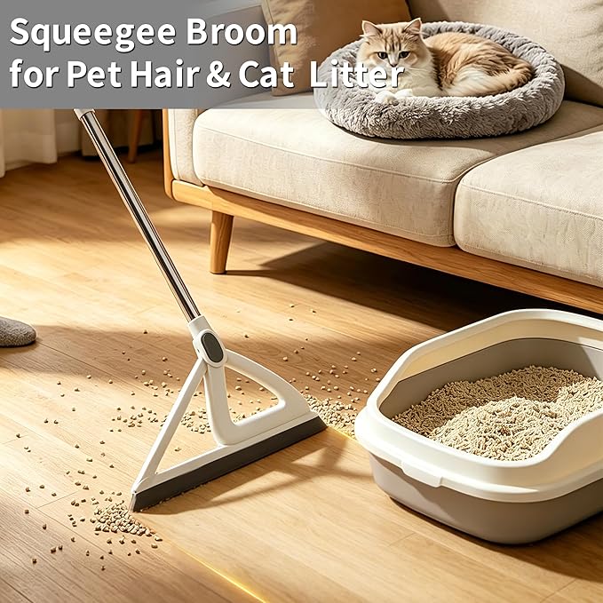 3 Pieces 52'' Broom with Dustpan Combo Set and Silicone Air Broom Kit, Long Handle Broom and Dustpan Sets with Teeth, Upright Storage Household Broom and Dustpan Sets Light Gery