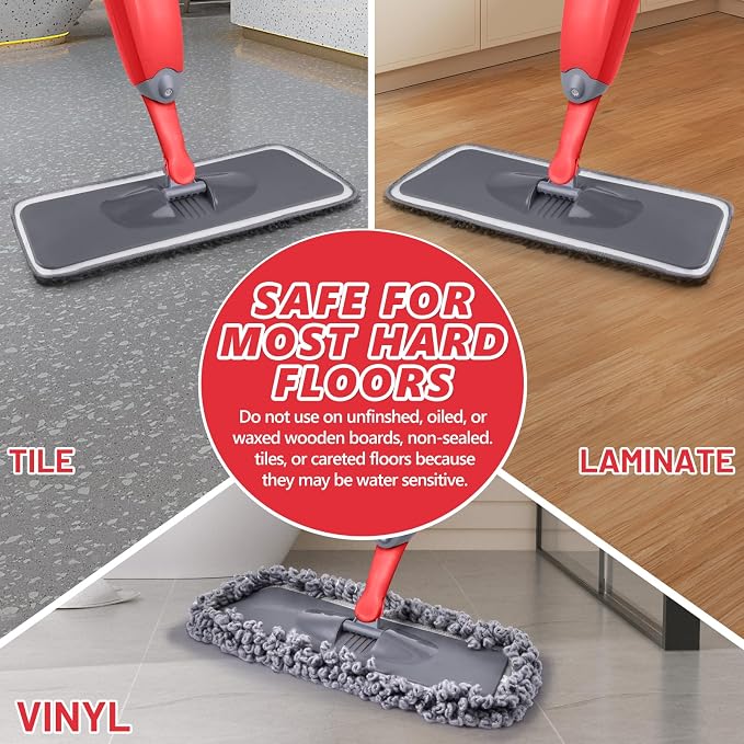 HOMTOYOU Dust Mop for Hardwood Floors: Microfiber Spray Mop for Cleaning | 3 Pcs Washable Reusable Pads, 1Pcs 400+ML Refillable Bottle, 360-Degree Swivel Mop, Red & Gray
