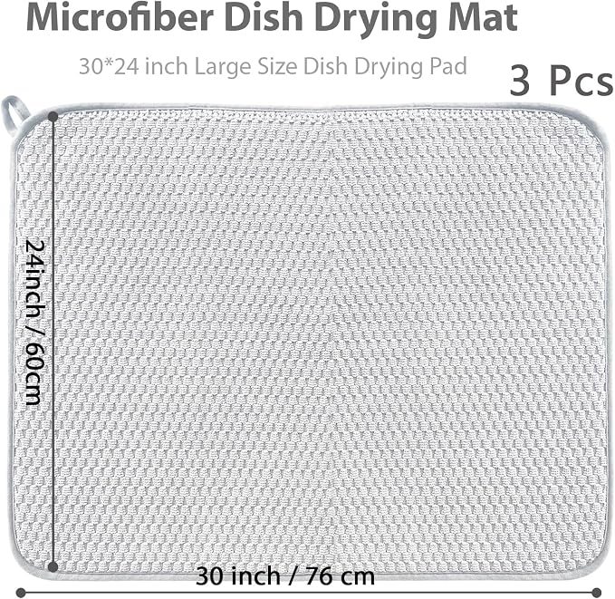 3 Pcs Extra Large Size Dish Drying Mat,Absorbent Microfiber Dishes Drainer Mats,30×24" Inch Pads for Kitchen Counter,Coffee,Rack,Under Sink,Light Gray