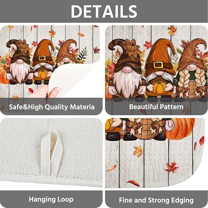 Fall Dish Drying Mat for Kitchen Counter 16x18 Inch, Super Absorbent Dish Drainer Mat, Decorative Microfiber Dishes Drying Pad-Small(Fall Gnomes)