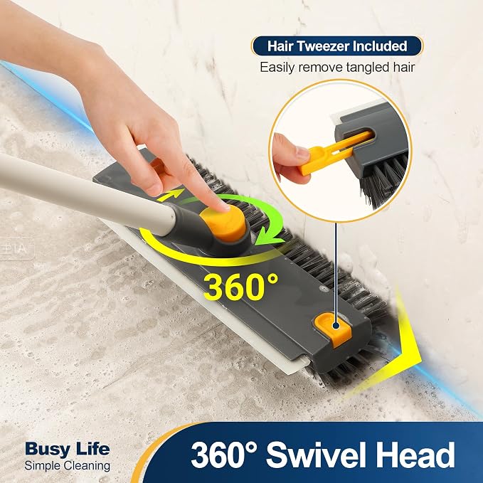 Yocada Floor Scrub Brush 3 in 1 Dual-Sided Stiff Bristle Scrubber Brush | with Scrape Squeegee Indoor&Outdoor for Cleaning Bathroom Kitchen Patio Pool Garage Wall Deck 53.9"