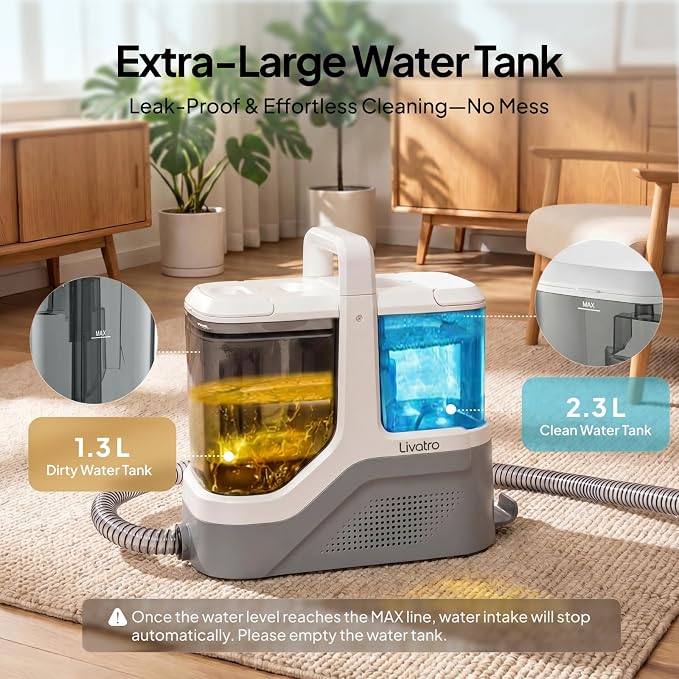 Livatro Portable Carpet Upholstery Cleaner Machine with 2.3L+1.3L Dual Tank | 600W 16kPa Powerful Suction Deep Cleaning Spot Cleaner Shampooer, for Pet Stain Rug Stair Couch Sofa Handheld Cleaner