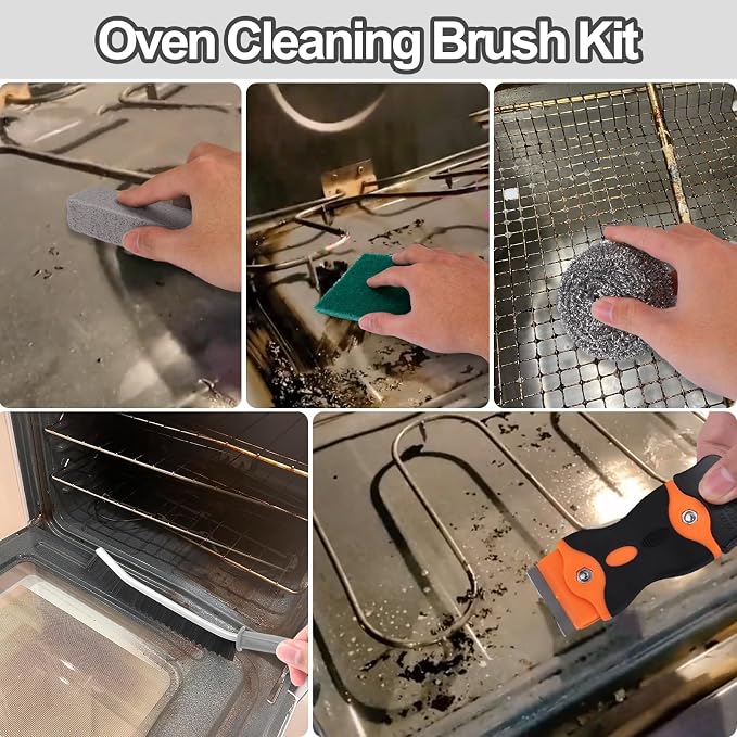 XANGNIER Heavy Duty Oven Cleaning Tools Kit,Oven Cleaner Brush Accessories | 1pcs Crevice Cleaning Brush,1pcs Razor Blade Scraper,1pcs Pumice Stone,1pcs Steel Wool Scrubber,2pcs Scrub Sponges