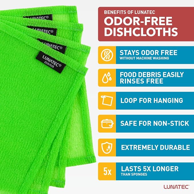 LUNATEC® Odor-Free Kitchen Dishcloths. A Scrubber and scouring pad for All Surfaces. Safe for Non-Stick. (4-Pack)
