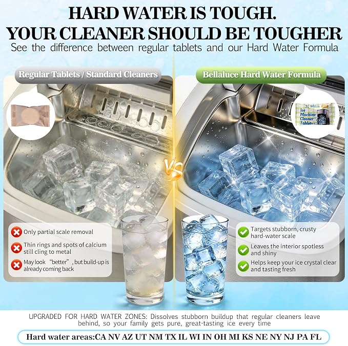 Bellaluce Ice Machine Cleaner Tablets, 32 Effervescent Descaling Tabs, Nickel Safe Cleaner for Countertop, Nugget, Portable & Commercial Ice Makers, Food-Grade Scale Remover for Fresh, Odor-Free Ice