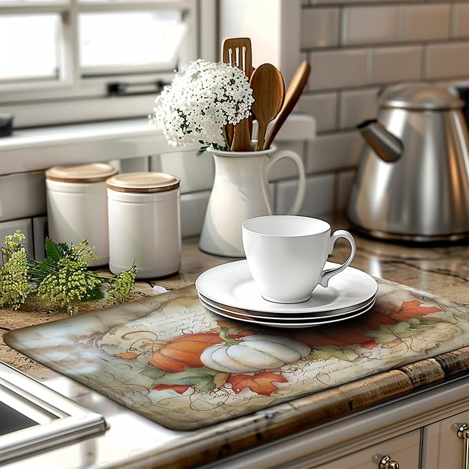 Autumn Kitchen Drying Mat 18x24 Inch Fall Pumpkin Maple Leaves Dish Drying Mats for Kitchen Counter Thanksgiving Absorbent Microfiber Dish Rack Mat for Coffee Bar Sink
