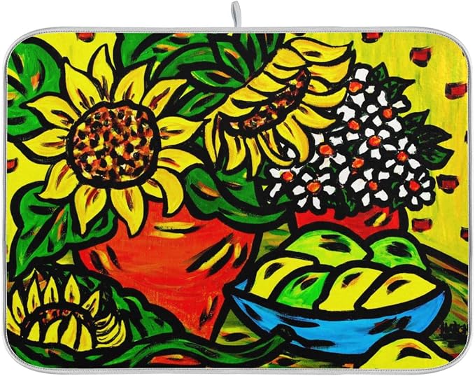 Absorbent Dish Drying Mat for Kitchen Counter - Sunflower Yellow Cute Microfiber Drying Pad, Reversible Drainer Mats for Countertop, Large 18" x 24"