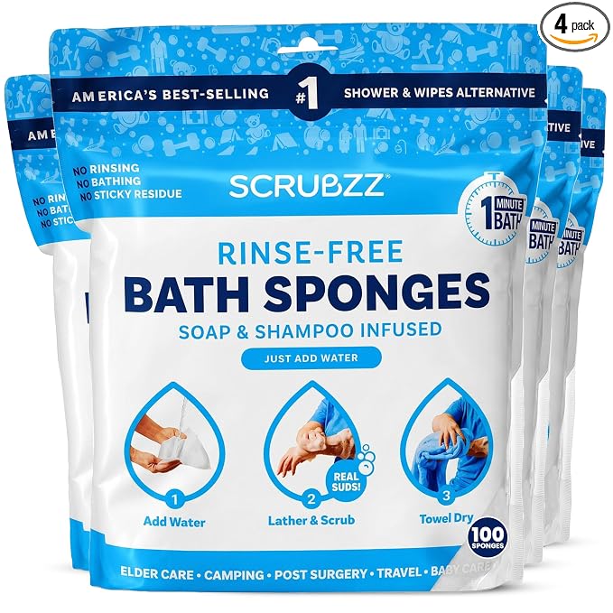 Scrubzz Disposable No Rinse Bathing Wipes - All-in-1 Single Use Shower Wipes, Simply Dampen, Lather, and Dry Without Shampoo or Rinsing (Unscented, 4-Pack)