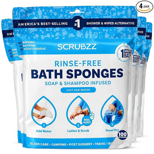 Scrubzz Disposable No Rinse Bathing Wipes - All-in-1 Single Use Shower Wipes, Simply Dampen, Lather, and Dry Without Shampoo or Rinsing (Unscented, 4-Pack)