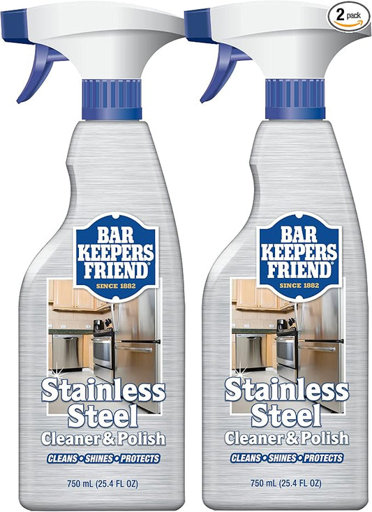Bar Keepers Friend Stainless Steel Cleaner and Polish Spray (2 x 25.4 oz) Removes Oily Fingerprints, Hard Water Stains, Grime & Food Debris without Scratching or Dulling Appliances & Surfaces
