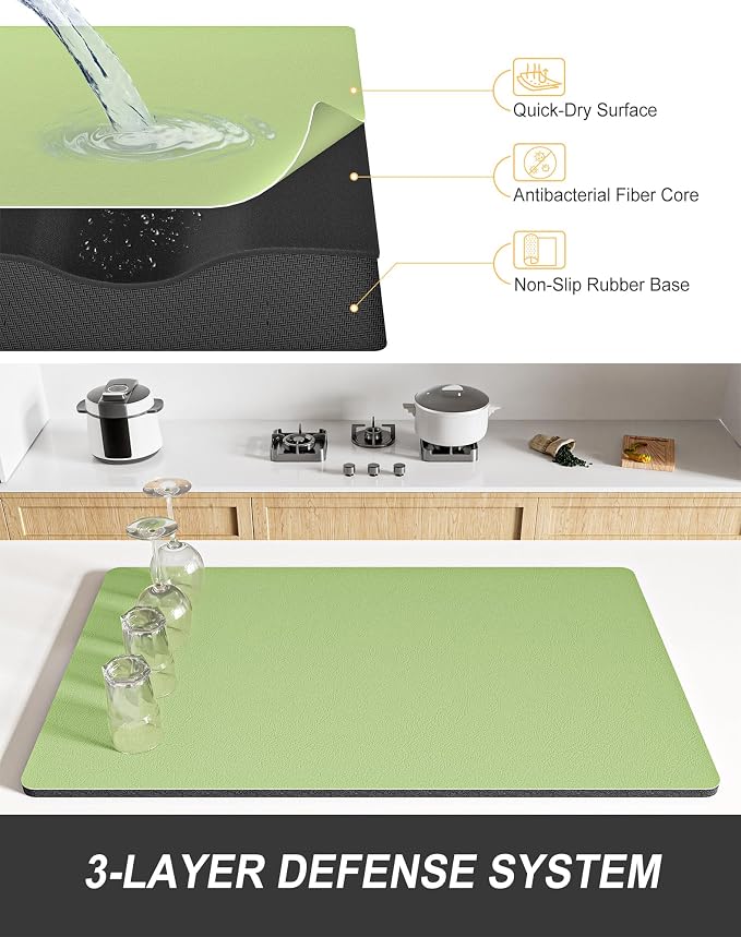 Rnivvi Dish Drying Mat for Kitchen Counter, XL 15 x 24" Super Absorbent Drainer Pad Easy Clean Dish Rack Pad, Non-Slip Heat Resistant Coffee Bar Mat for Coffee Machine Station Accessories Decor, Green