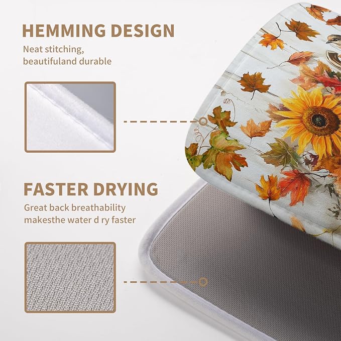 Fall Dish Drying Mat for Kitchen Counter Autumn Thanksgiving Pumpkin Sunflower Maple Leaf Leaves Birds Dishes Draining Pad Washable Dish Drainer Rack Mat Medium 16x18 Inch