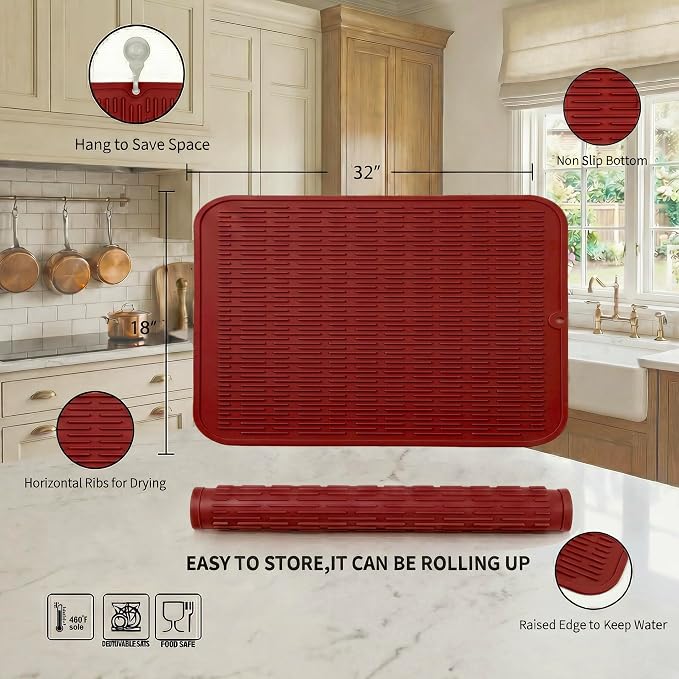 MicoYang Silicone Dish Drying Mat for Multiple Usage,Easy clean,Eco-friendly,Heat-resistant Silicone Mat for Kitchen Counter or Sink,Refrigerator or Drawer Liner Red 4XL 32 inches x 18 inches