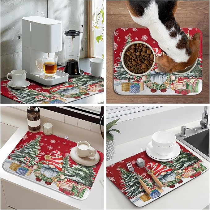 Christmas Dish Drying Mat for Kitchen Counter, Merry Christmas Dish Drying Mat 18 x 24 Inch Xmas Gnomes Absorbent Reversible Microfiber Dish Drying Pad Kitchen Drying Mat for Coffee Bar