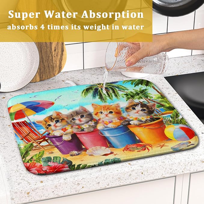 Lovely Cat Dish Drying Mat for Kitchen Counter Holiday Beach Absorbent Coffee Bar Mat 16 X 18 In