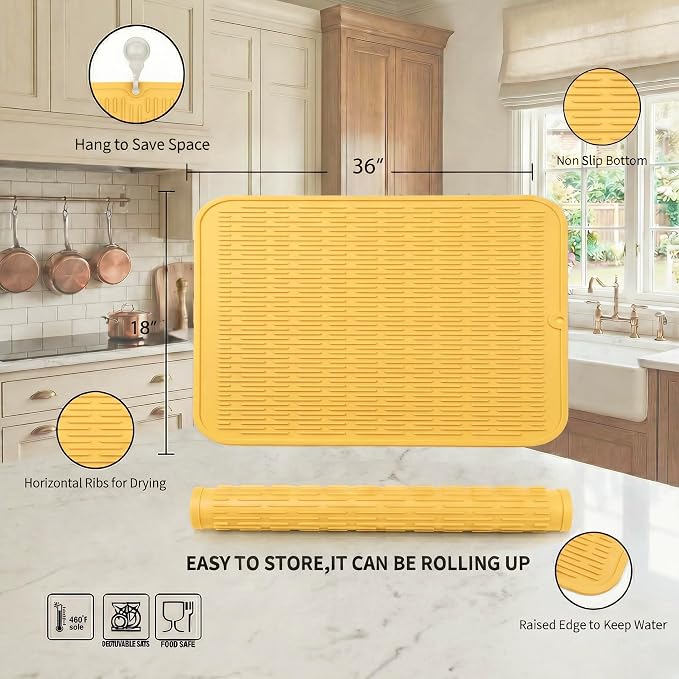 MicoYang Silicone Dish Drying Mat for Multiple Usage,Easy clean,Eco-friendly,Heat-resistant Silicone Mat for Kitchen Counter or Sink,Refrigerator or Drawer Liner Yellow 5XL 36inches x 18inches